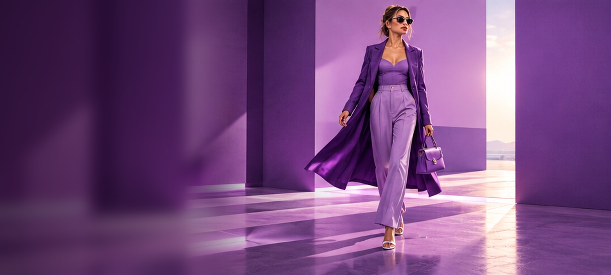 Woman walking through a purple runway set